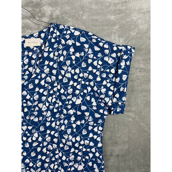 Melloday Blue White Floral V-Neck Short Sleeve Relaxed Fit Blouse Zipper Closure - Picture 4 of 8